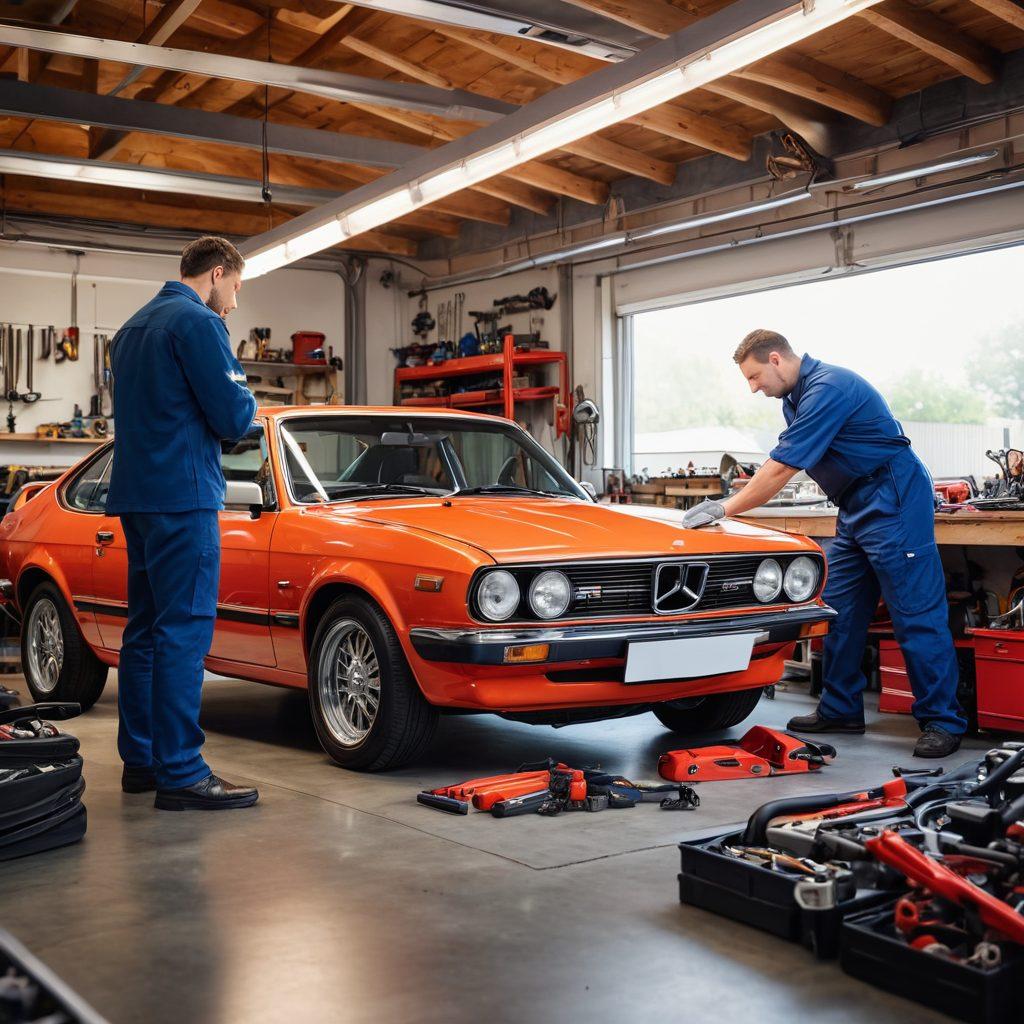 A confident car owner standing next to a mechanic in a well-equipped garage, examining a car with tools and repair manuals scattered around. Bright light filtering through the garage, symbolizing clarity and knowledge. Overlay of automotive charts and tools in motion, suggesting technical expertise. The mechanic is engaging with the owner, showcasing teamwork. vibrant colors. super-realistic.