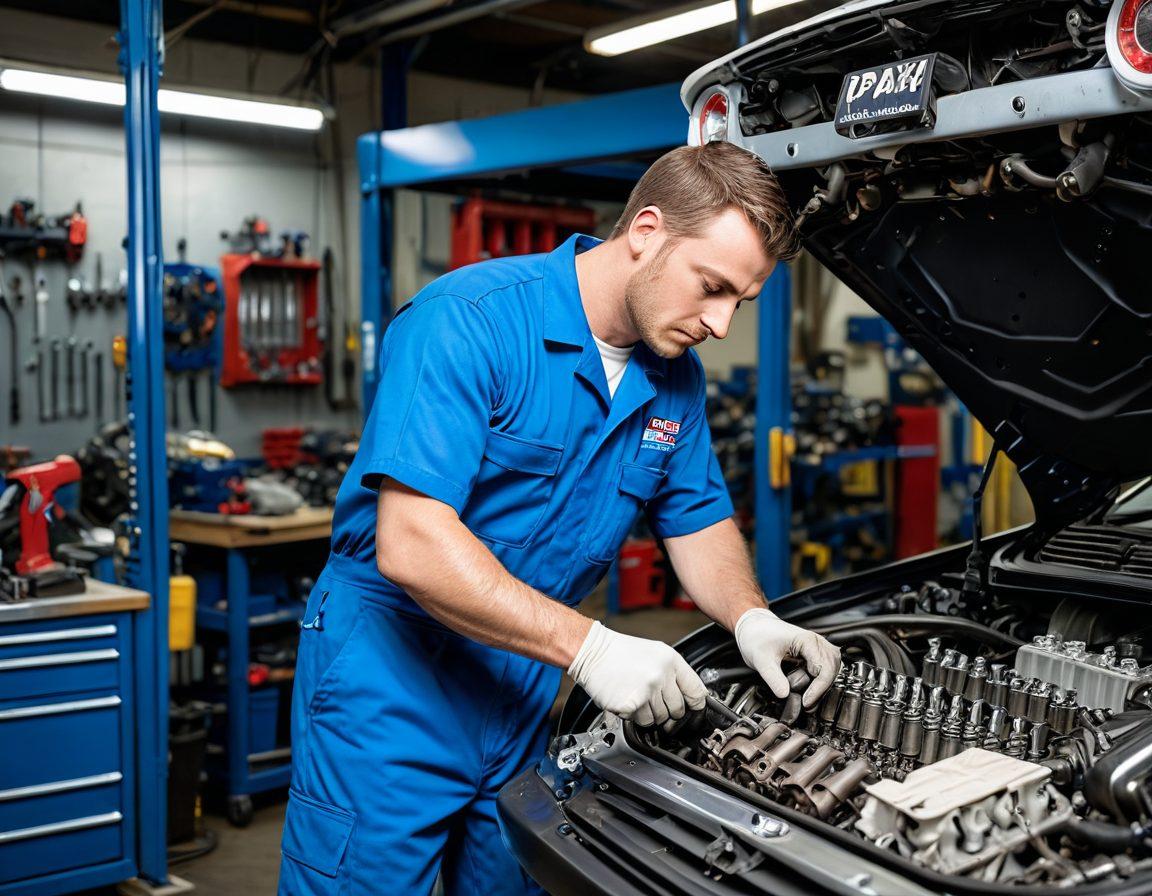 A dynamic scene showcasing a skilled mechanic working on a car, surrounded by various automotive parts such as spark plugs, brake pads, and tools. The backdrop features a well-organized workshop with bright lighting and modern equipment. The mechanic is wearing a bright blue jumpsuit, exuding expertise and confidence. Visual elements like gears and engines subtly blend into the scene to indicate repair solutions. super-realistic. vibrant colors. 3D.