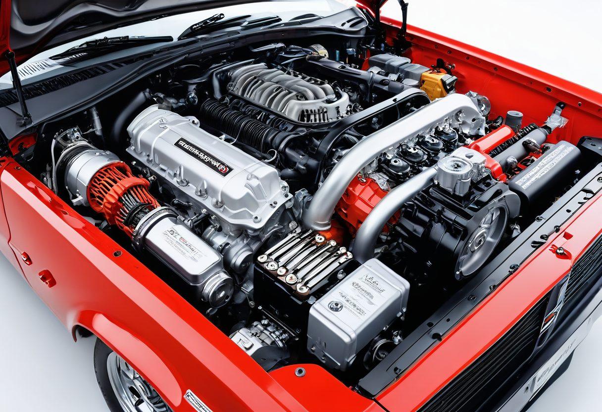 A detailed illustration of a car's engine bay with labeled replacement components, showing a mix of old and new parts, complemented by a toolbox and mechanical diagrams in the background. The scene should evoke a sense of mastery and understanding, with tools like wrenches and screwdrivers neatly arranged. The colors should be vibrant to catch the eye, enhancing the educational aspect of vehicle maintenance. super-realistic. vibrant colors. white background.